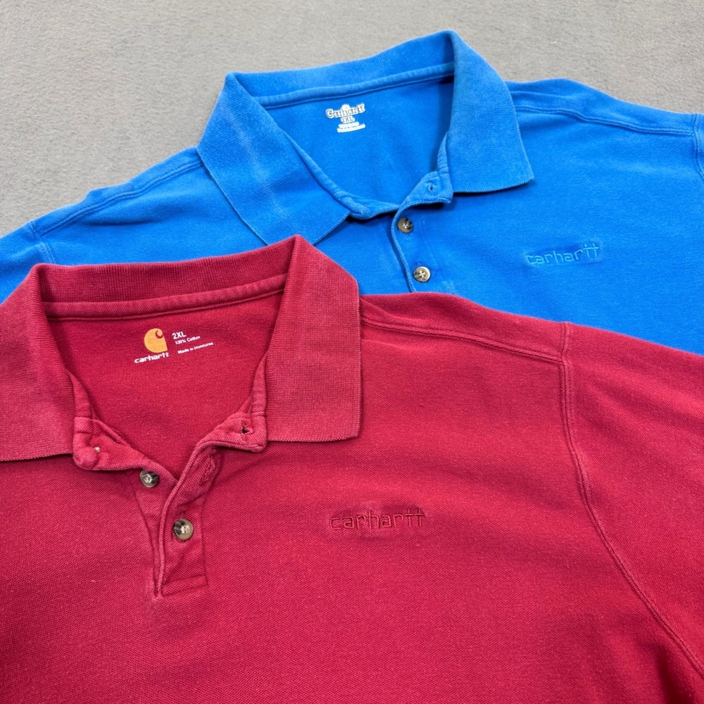 Lot 2 Carhartt Polo Shirts Men 2XL Blue Red Short Sleeve Cotton Work Enbroidered